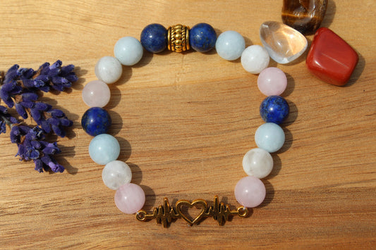 Bracelet élastique en pierres naturelles Aigue marine, Pierre de lune , Lapis lazuli et Quartz rose " Spécial Grossesse "