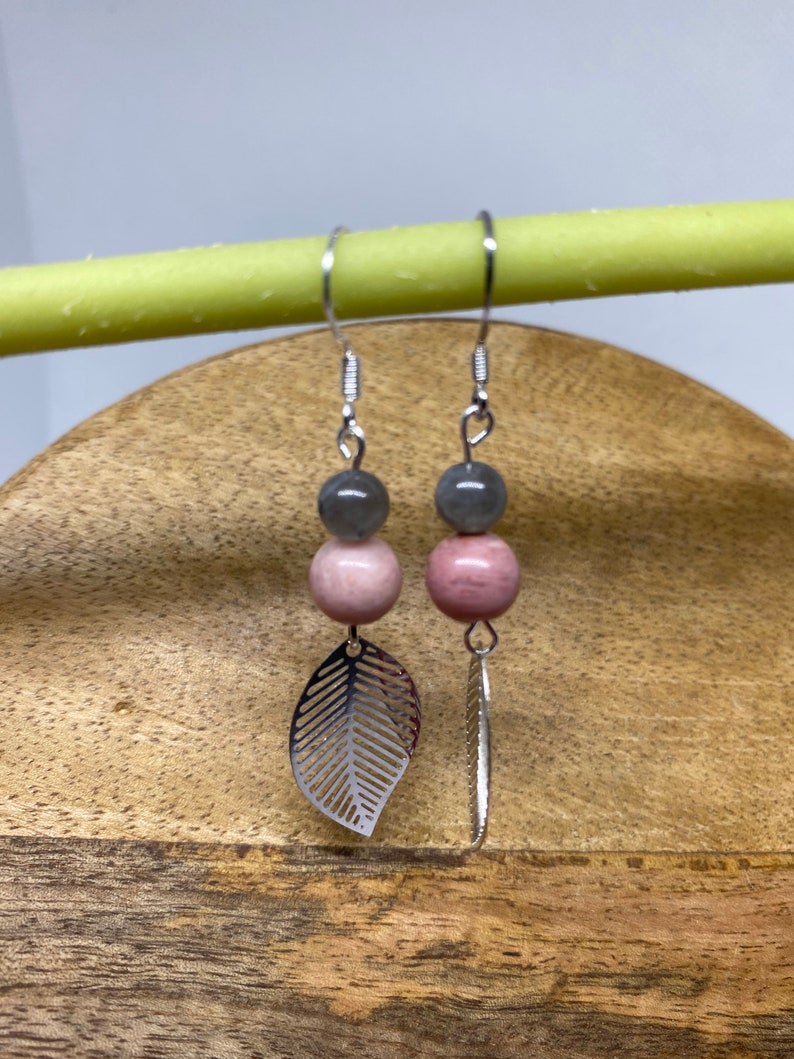 🌷 Boucles d'oreilles en argent 925 en pierres naturelles Rhodochrosite et Labradorite🌷