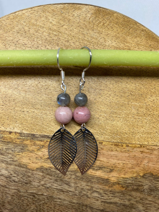 🌷 Boucles d'oreilles en argent 925 en pierres naturelles Rhodochrosite et Labradorite🌷