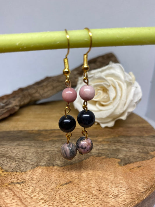 Boucles d'oreilles en pierre naturelle Rhodochrosite, rhodonite et Obsidienne noir