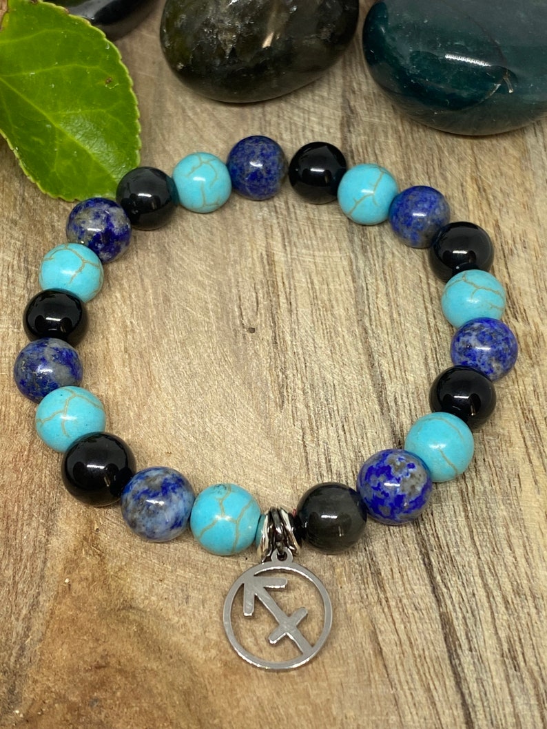 Bracelet en pierres naturelles Obsidienne noir, Turquoise et Lapis Lazuli " Sagittaire "