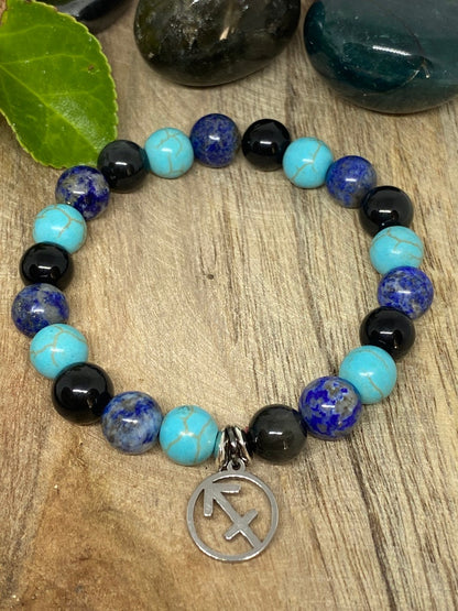 Bracelet en pierres naturelles Obsidienne noir, Turquoise et Lapis Lazuli " Sagittaire "