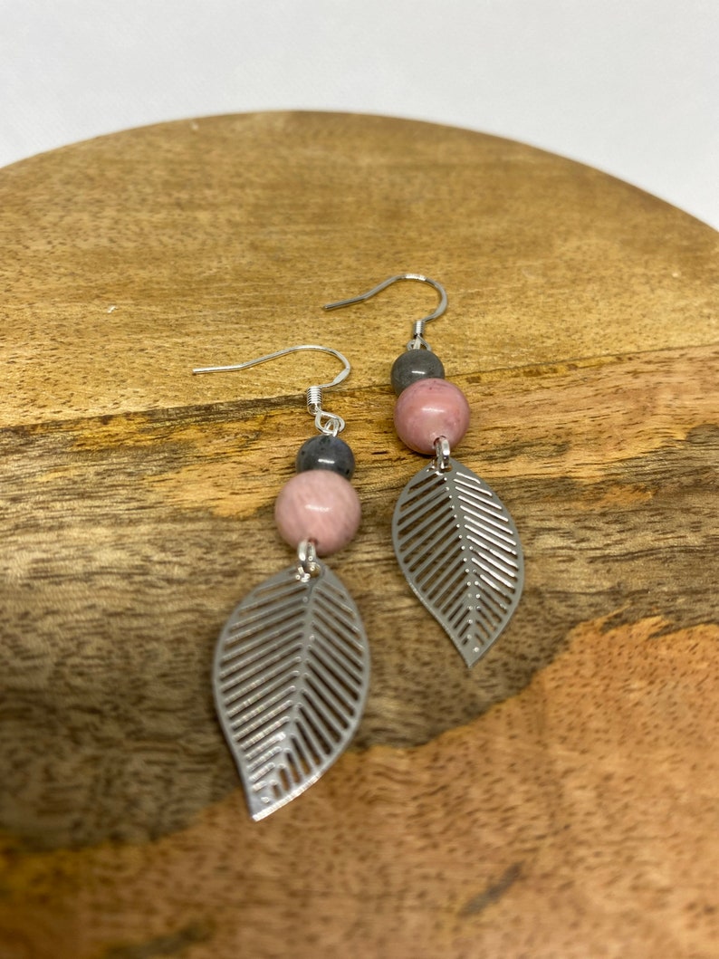 🌷 Boucles d'oreilles en argent 925 en pierres naturelles Rhodochrosite et Labradorite🌷