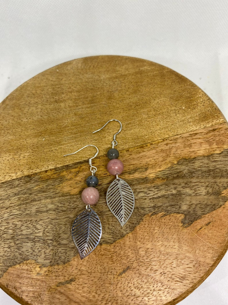 🌷 Boucles d'oreilles en argent 925 en pierres naturelles Rhodochrosite et Labradorite🌷