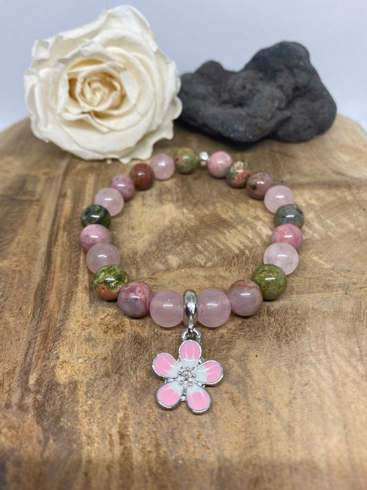 Bracelet pierres naturelles en Unakite , Quartz rose et Rhodochrosite