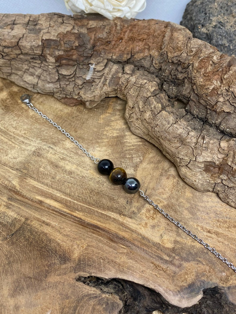 Bracelet en pierres naturelles avec Œil de tigre , Obsidienne noire et Hématite