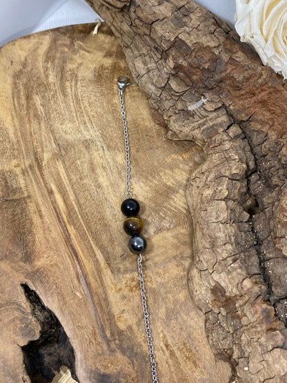 Bracelet en pierres naturelles avec Œil de tigre , Obsidienne noire et Hématite