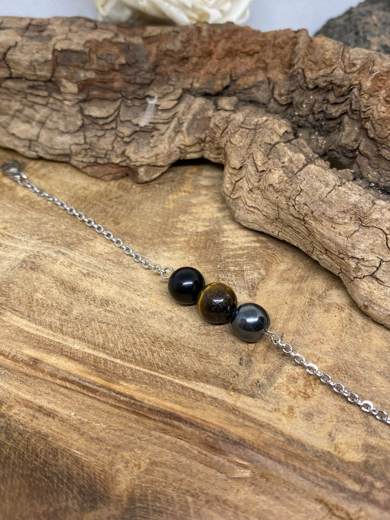 Bracelet en pierres naturelles avec Œil de tigre , Obsidienne noire et Hématite