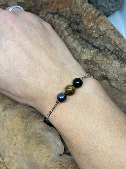 Bracelet en pierres naturelles avec Œil de tigre , Obsidienne noire et Hématite