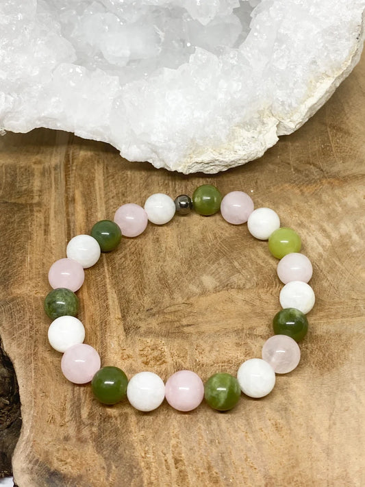Bracelet en pierres naturelles Jade néphrétique, Pierre de lune et Quartz rose