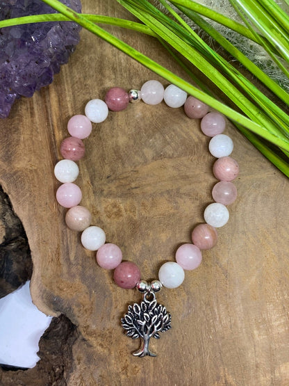 Bracelet pierres pierre de lune, quartz rose et rhodochrosite