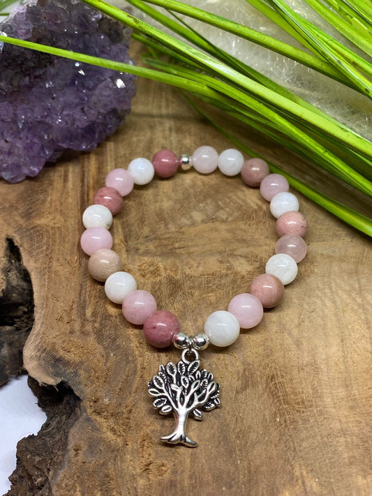 bracelet pierre de lune , quartz rose et rhodochrosite