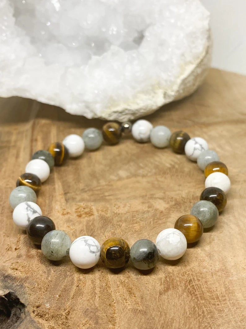 Bracelet en pierres naturelles Labradorite, œil de tigre et Howlite