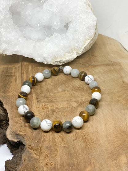 Bracelet en pierres naturelles Labradorite, œil de tigre et Howlite