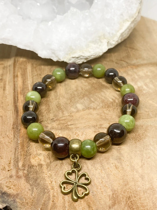 Bracelet en pierres naturelles Jade néphrétique, Grenat et Quartz fumé