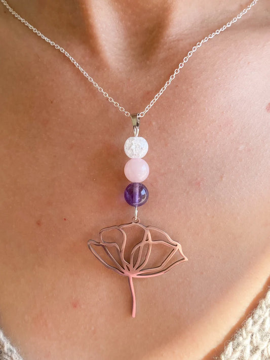 Collier en acier inoxydable avec pierres naturelles Améthyste, Quartz rose et Cristal de roche