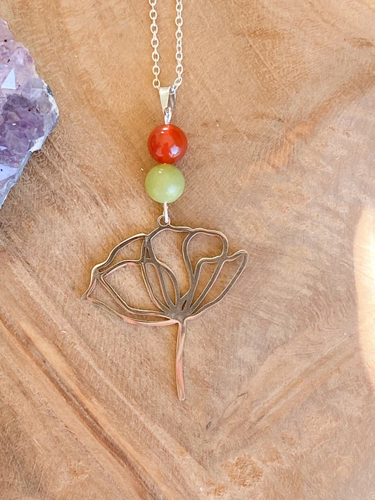 Collier en acier inoxydable avec pierres naturelles Cornaline et Jade néphrétique