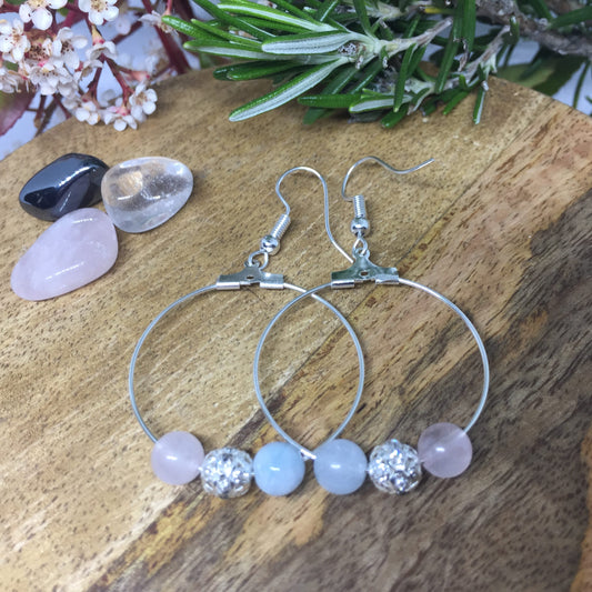 Boucles d'oreilles créoles en pierres naturelles Aigue marine , Quartz Rose