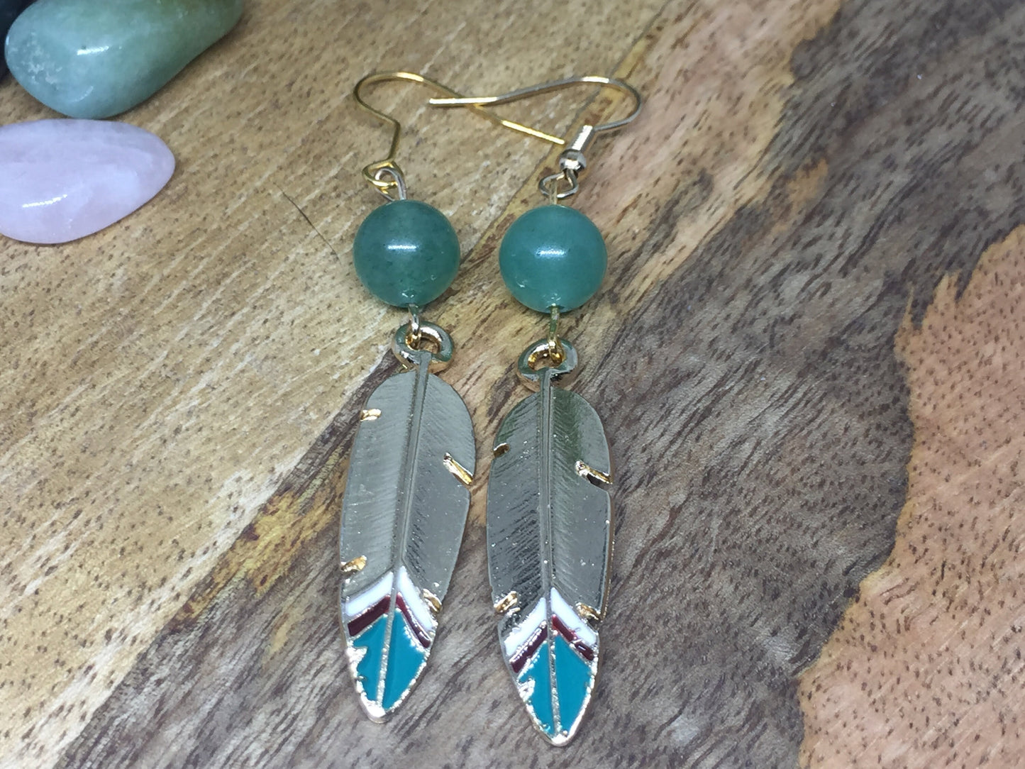 Boucles d'oreilles plume avec pierre naturelle Aventurine