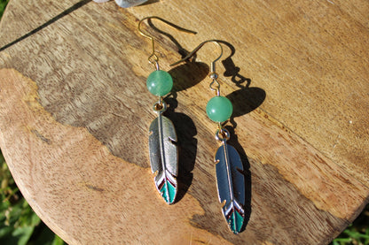 Boucles d'oreilles plume avec pierre naturelle Aventurine