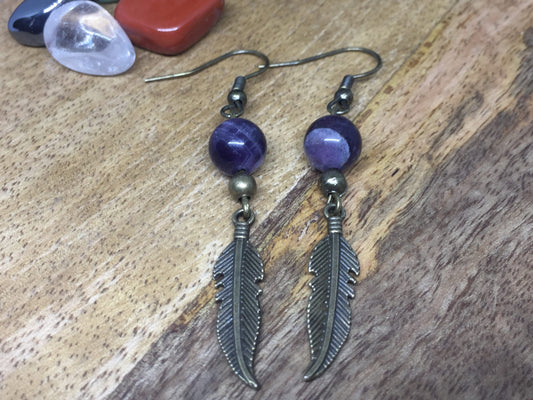 Boucles d'oreilles plume en pierre naturelle Améthyste