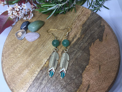 Boucles d'oreilles plume avec pierre naturelle Aventurine