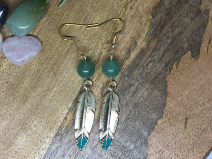 Boucles d'oreilles plume avec pierre naturelle Aventurine