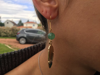 Boucles d'oreilles plume avec pierre naturelle Aventurine