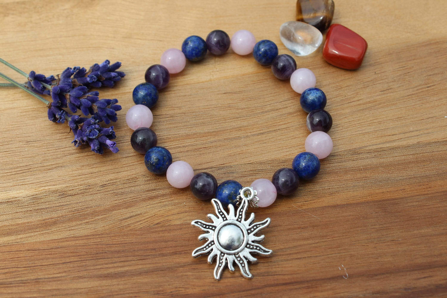 Bracelet pierres naturelles en Quartz rose , Améthyste , Lapis Lazuli