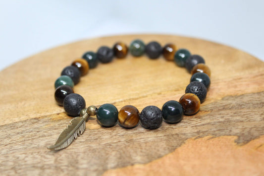 Bracelet en pierres naturelles avec Agate mousse, œil de tigre et pierre de lave