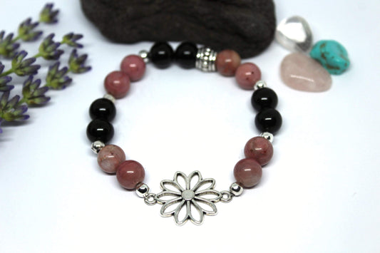 Bracelet en pierres naturelles , Rhodochrosite et Obsidienne noir