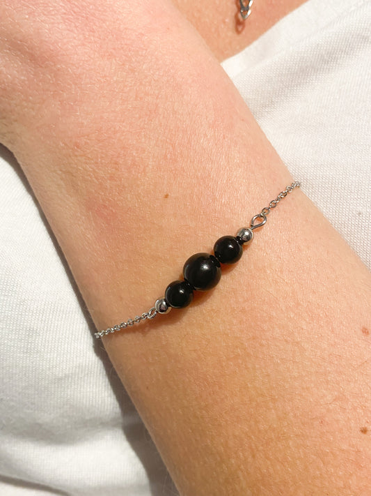 Bracelet Obsidienne noire en acier inoxydable