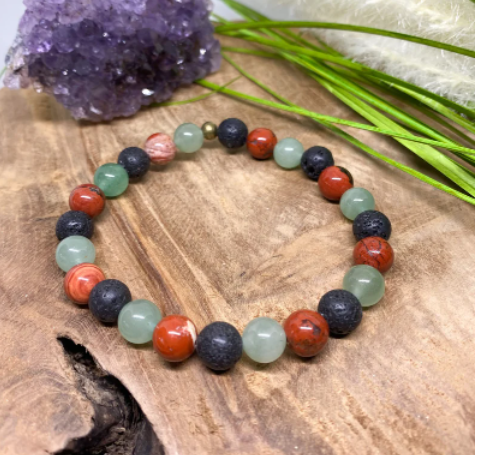 Bracelet en pierres naturelles avec Aventurine, Jaspe rouge et pierre de lave