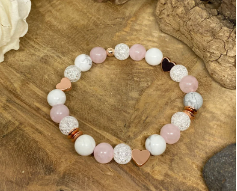 Bracelet pierres naturelles en Quartz rose, howlite et Cristal de roche