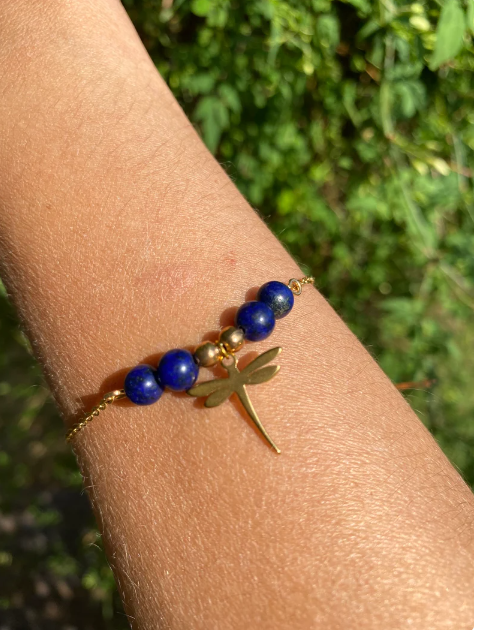 Bracelet acier inoxydable en pierres naturelles Lapis Lazuli avec libellule